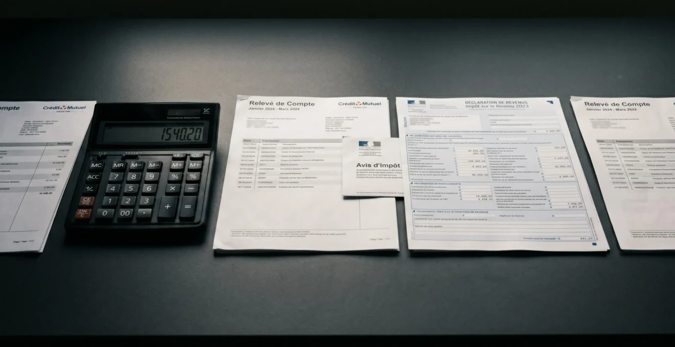Calculatrice professionnelle et documents fiscaux français disposés en séquence horizontale sur un bureau épuré, lumière latérale créant ombres marquées