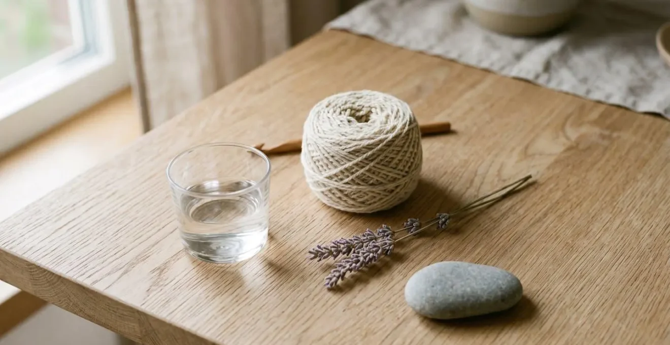 Composition minimaliste sur bois clair montrant une pelote de laine écrue, un verre d'eau, une branche de lavande séchée et une pierre lisse, éclairée par lumière naturelle latérale douce