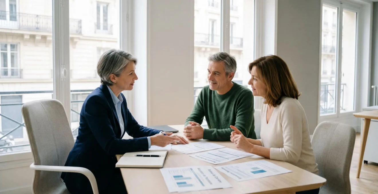 Un conseiller financier en réunion avec un couple de clients dans un bureau contemporain épuré, documents de planification retraite sur la table, lumière naturelle douce, tons neutres blanc et gris