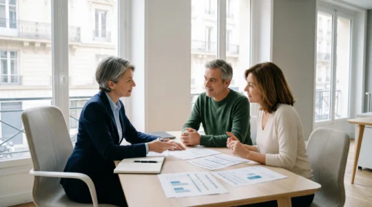 Un conseiller financier en réunion avec un couple de clients dans un bureau contemporain épuré, documents de planification retraite sur la table, lumière naturelle douce, tons neutres blanc et gris
