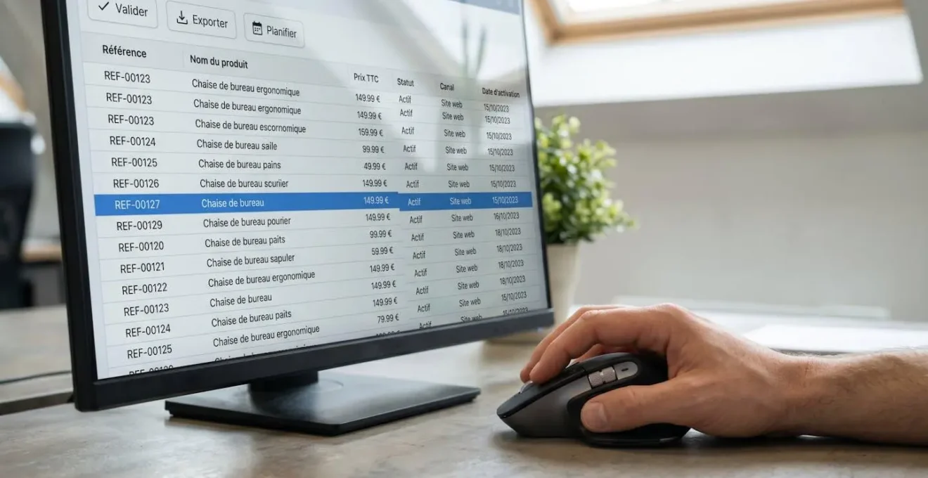 Écran d'ordinateur affichant l'interface d'un logiciel PIM avec tableau de données produits et tarifaires, main sur souris prête à valider une action