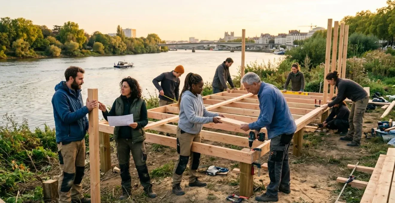 Équipe mixte collaborant à la construction d'une structure en bois sur les bords de Loire à Nantes, activité team building nature en golden hour