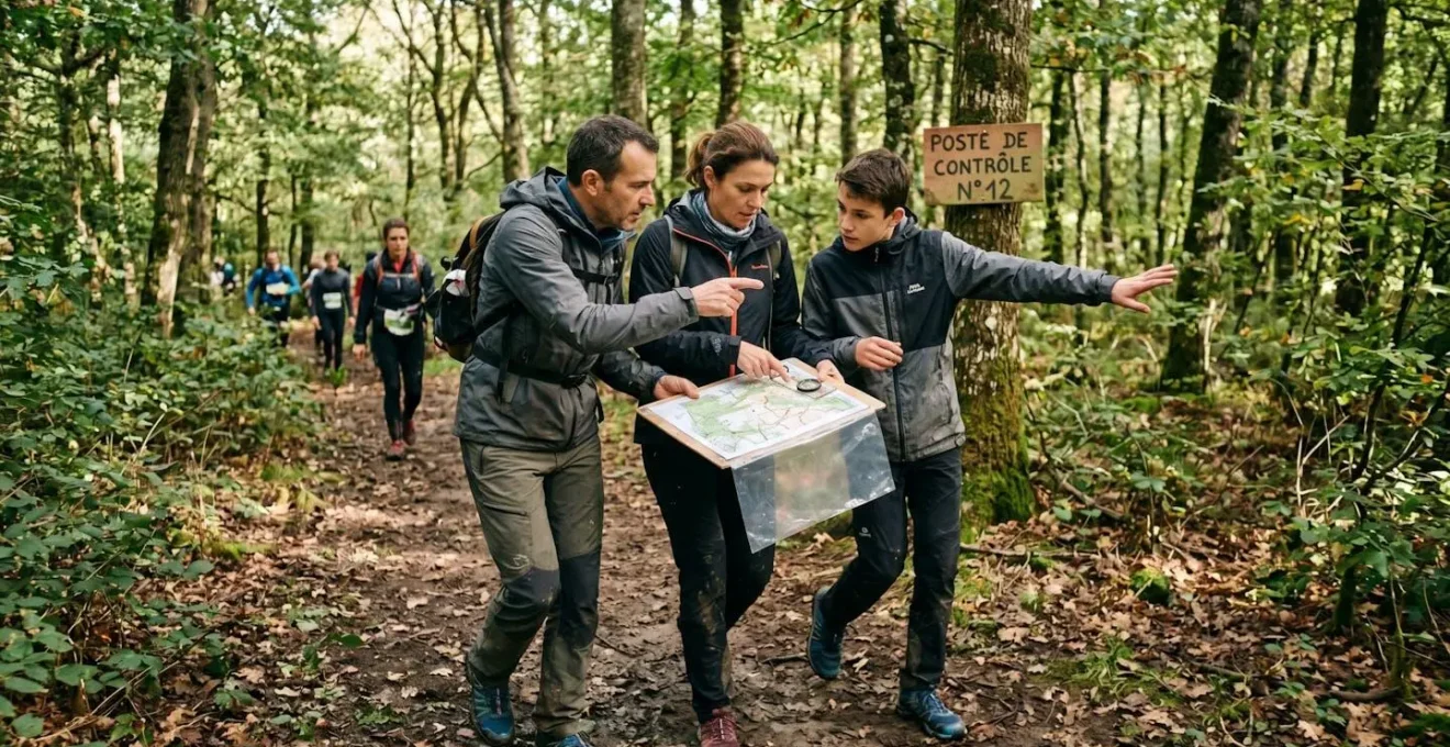 Équipe en activité de course d'orientation en forêt du Gâvre près de Nantes, consultant carte et boussole pour team building coopératif