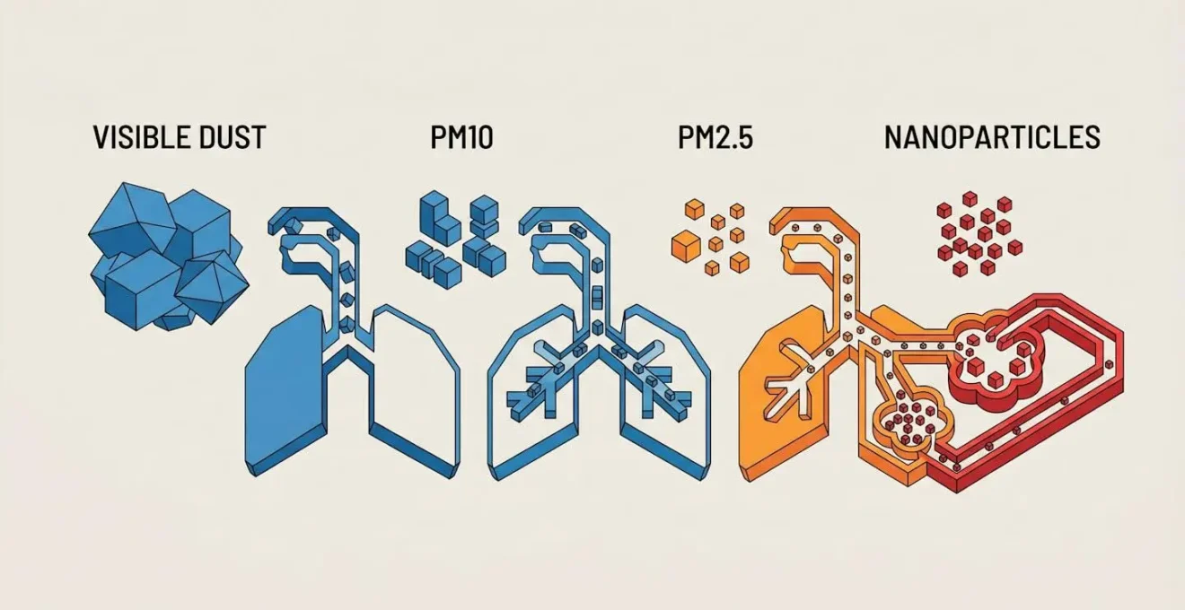 Illustration comparative des tailles de particules et de leur impact respiratoire