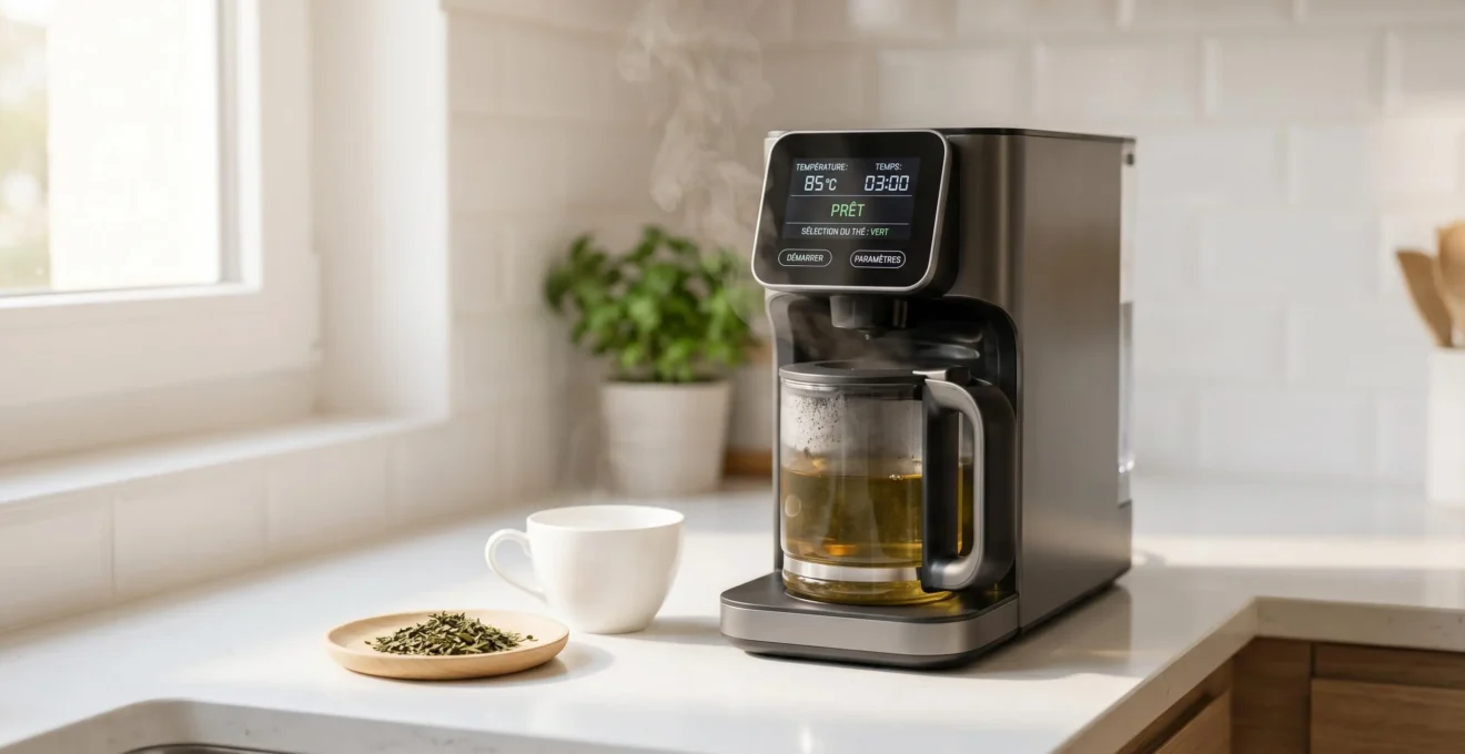 Machine à thé automatique moderne en fonctionnement sur un comptoir de cuisine blanc avec vapeur s'échappant, tasse en porcelaine blanche et feuilles de thé en vrac disposées à proximité, lumière naturelle douce