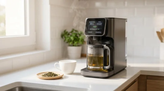 Machine à thé automatique moderne en fonctionnement sur un comptoir de cuisine blanc avec vapeur s'échappant, tasse en porcelaine blanche et feuilles de thé en vrac disposées à proximité, lumière naturelle douce