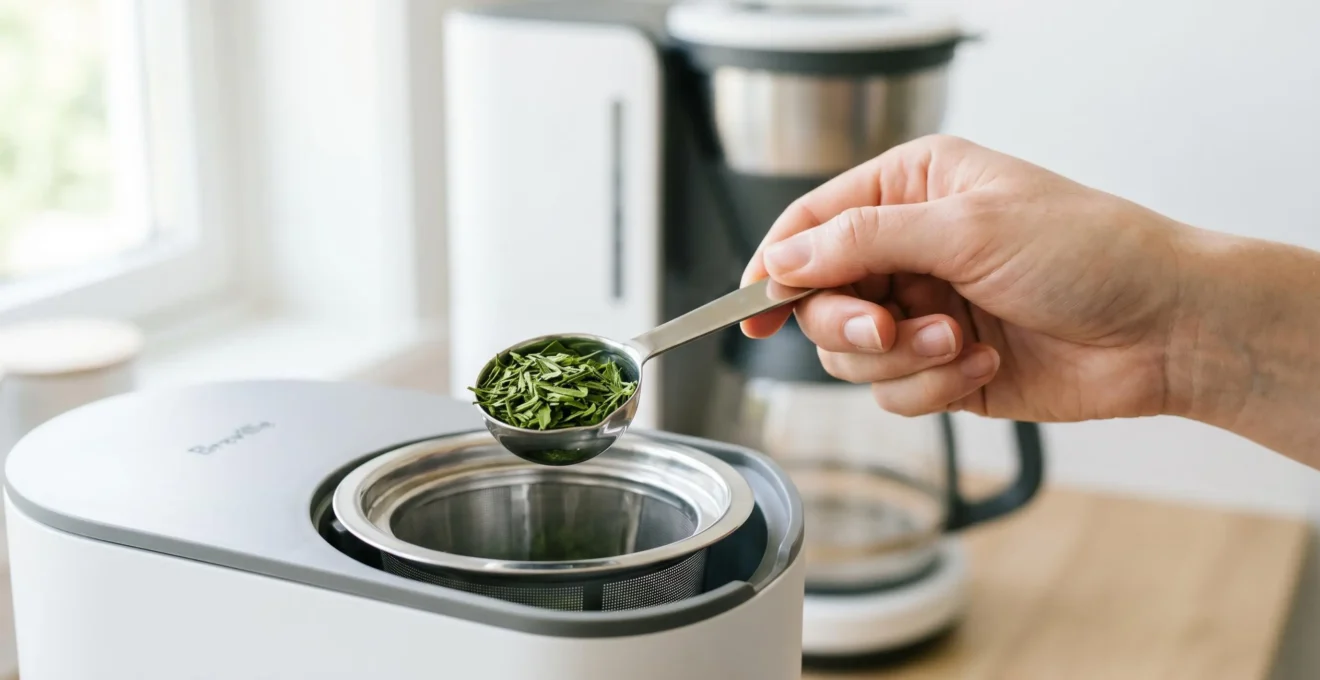 Main féminine tenant une cuillère doseuse en inox remplie de thé vert au-dessus du panier d'infusion ouvert d'une théière automatique, lumière naturelle abondante