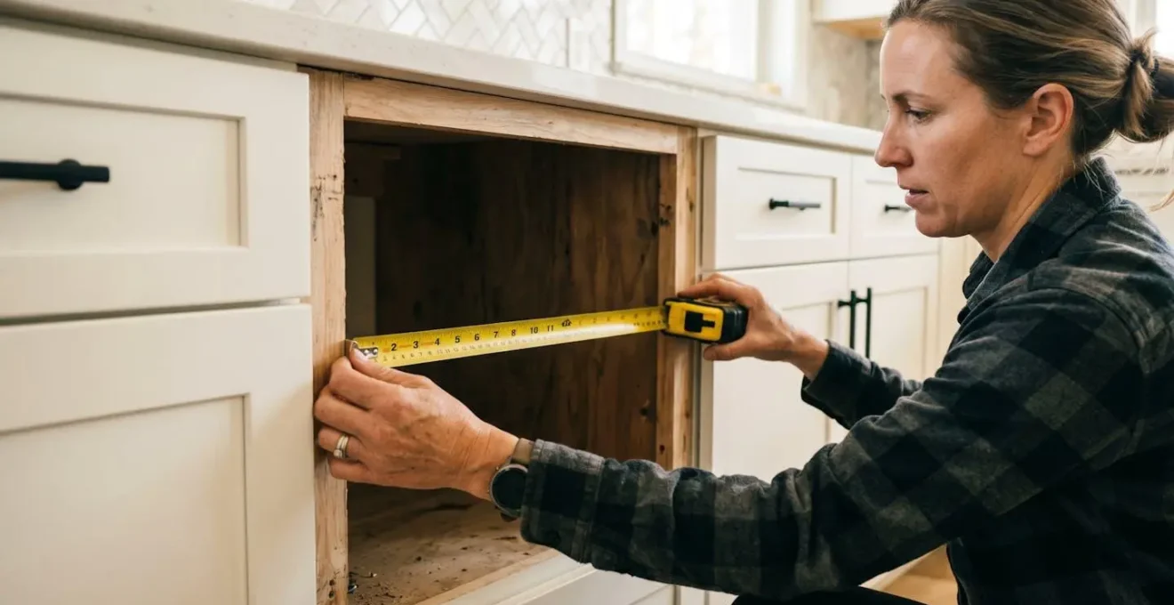 Mesure d'une niche de meuble de cuisine avant installation d'un réfrigérateur encastrable