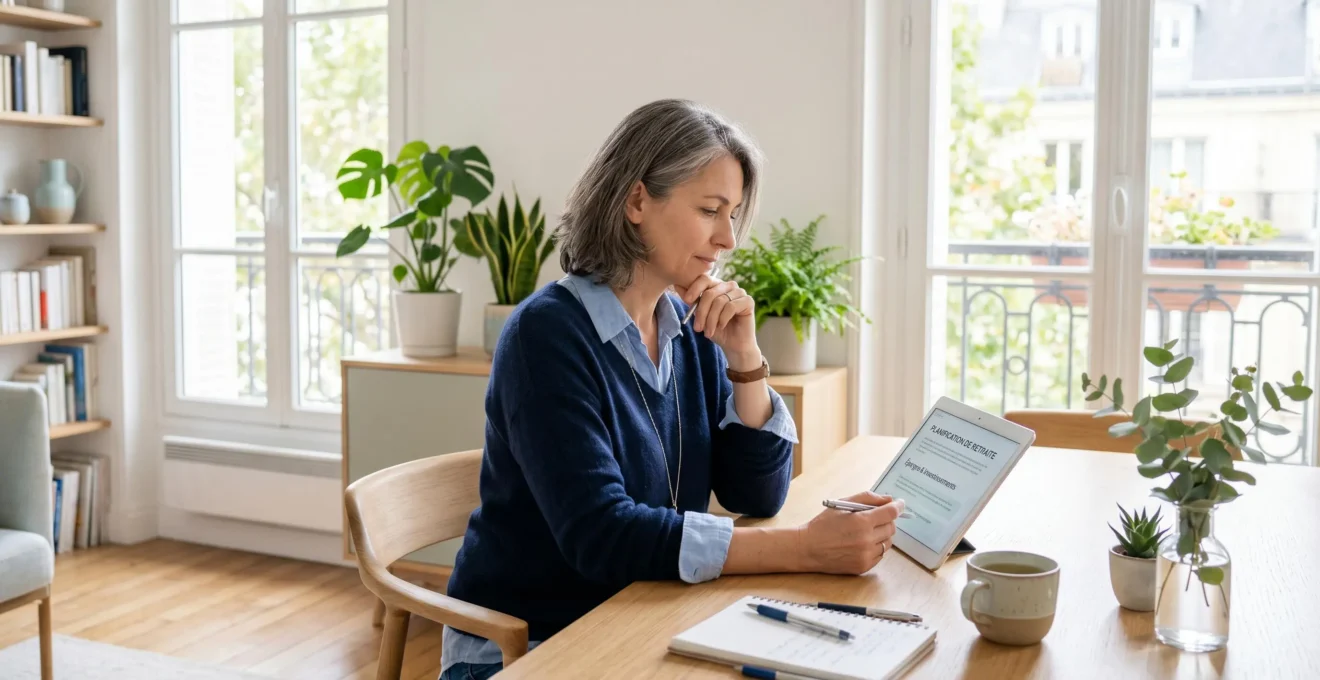 Une personne de 45-50 ans consultant des documents de planification retraite sur tablette dans un intérieur résidentiel lumineux de style scandinave