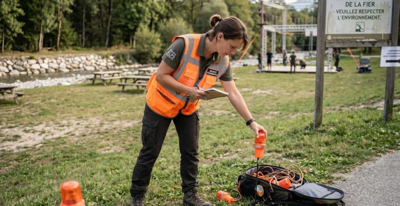 Professionnel événementiel effectuant reconnaissance préalable d'un site nature pour sécuriser logistique team building outdoor près de Nantes