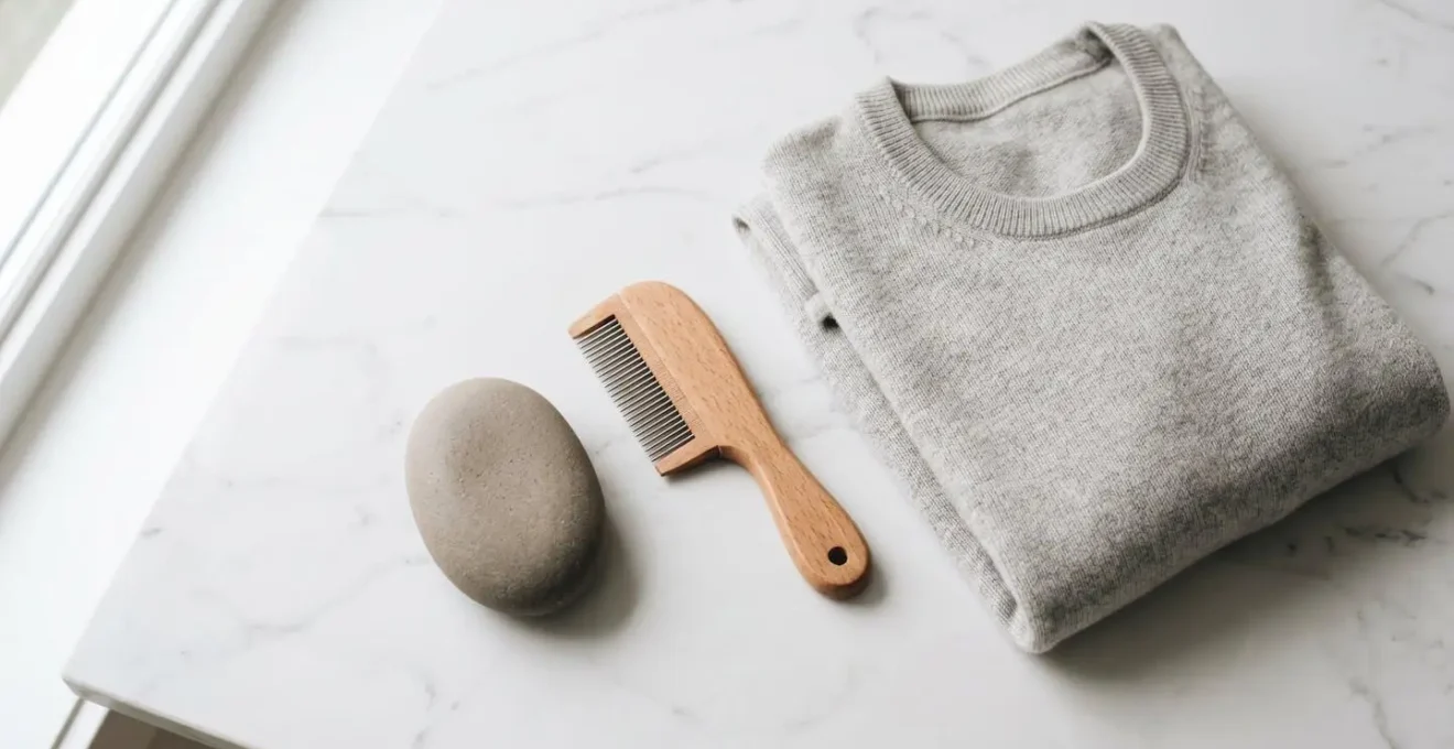 Rendu 3D isométrique minimaliste d'une pierre à bouloches ovale et d'un peigne textile en bois sur fond pastel gris perle avec ombres géométriques nettes