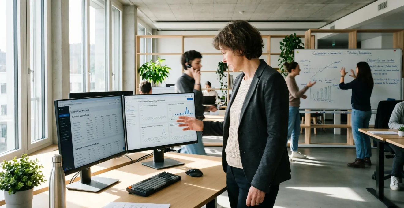 Responsable e-commerce pilotant la mise à jour des prix sur plusieurs écrans dans un bureau moderne, équipe en activité en arrière-plan pendant une période de préparation commerciale