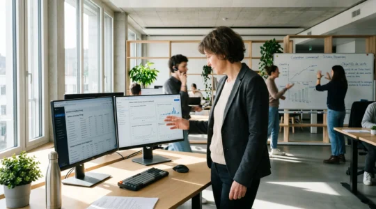 Responsable e-commerce pilotant la mise à jour des prix sur plusieurs écrans dans un bureau moderne, équipe en activité en arrière-plan pendant une période de préparation commerciale