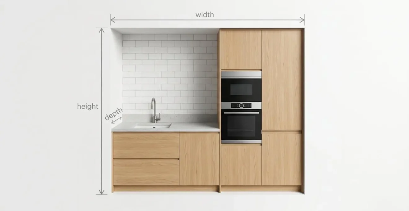 Schéma illustrant la hauteur, la largeur et la profondeur d'un réfrigérateur encastrable dans une niche de meuble
