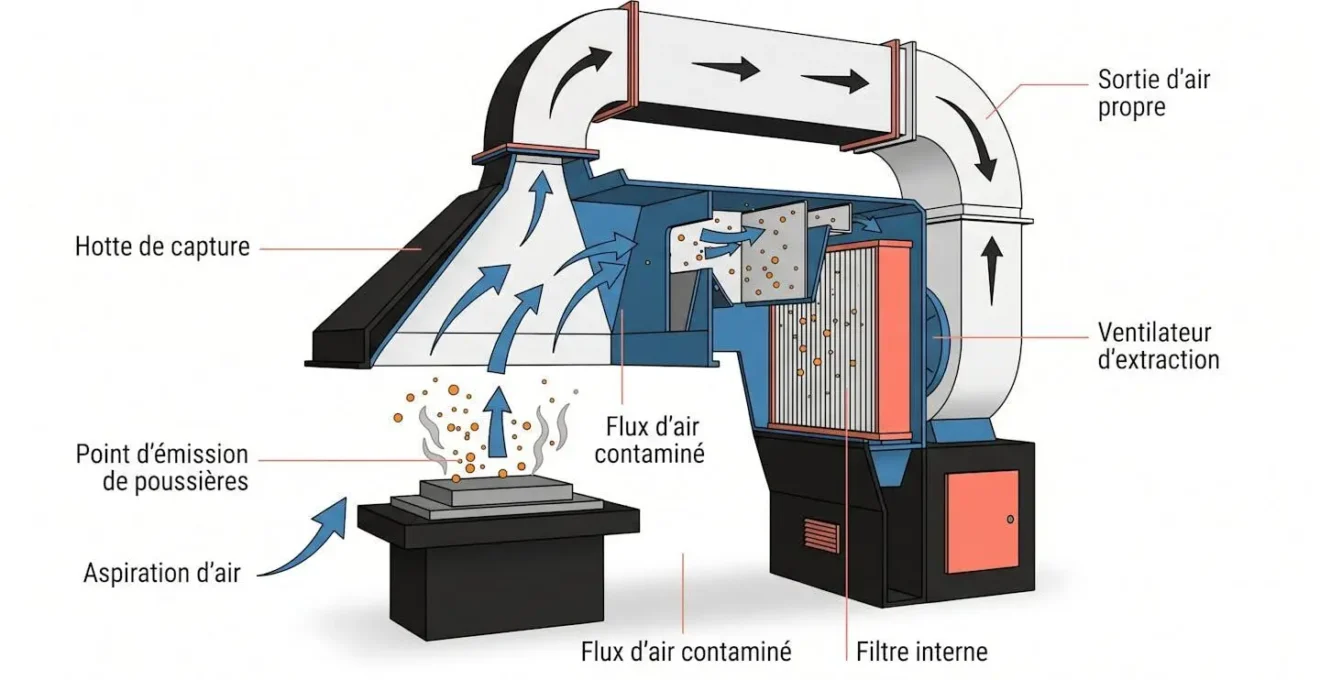 Schéma technique d'un système de captation à la source avec hotte d'aspiration