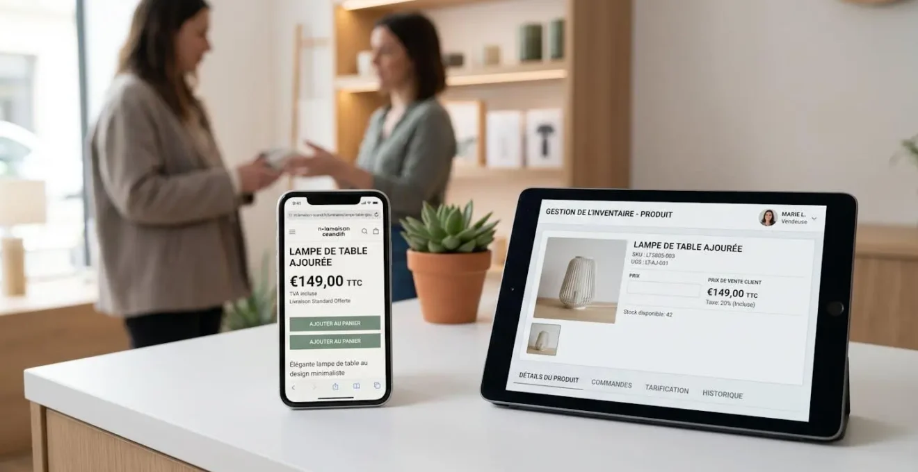 Smartphone et tablette posés sur un comptoir de magasin affichant le même produit au même prix sur l'interface e-commerce et le back-office, client et vendeur en arrière-plan