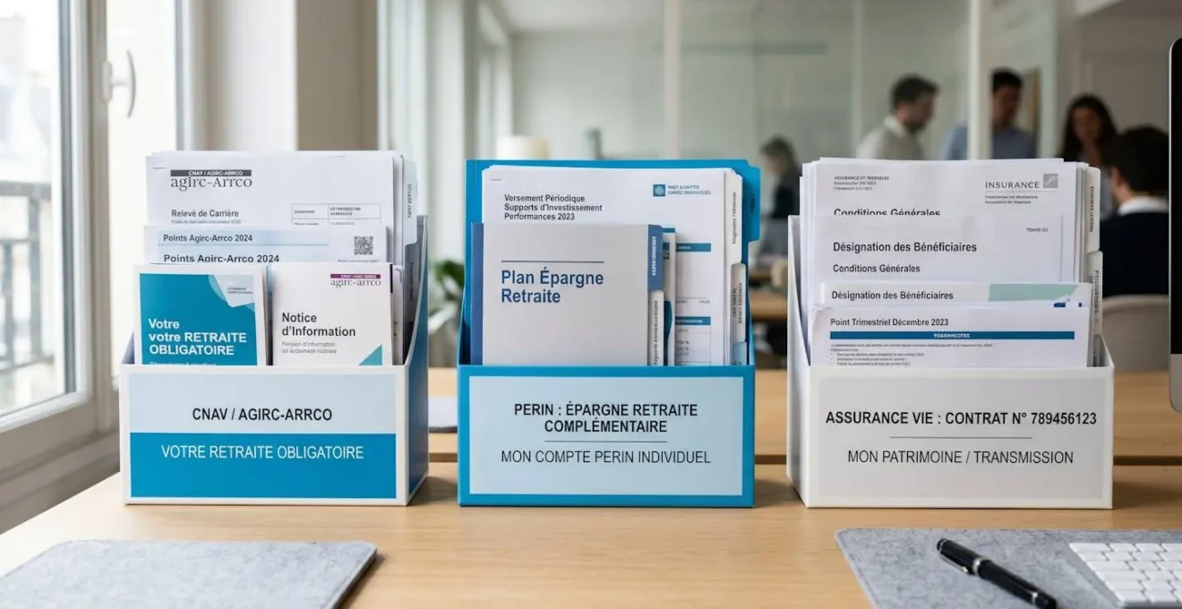 Trois piles de documents organisées sur une table de travail représentant les trois piliers de la stratégie retraite : régimes obligatoires, épargne retraite complémentaire et assurance vie