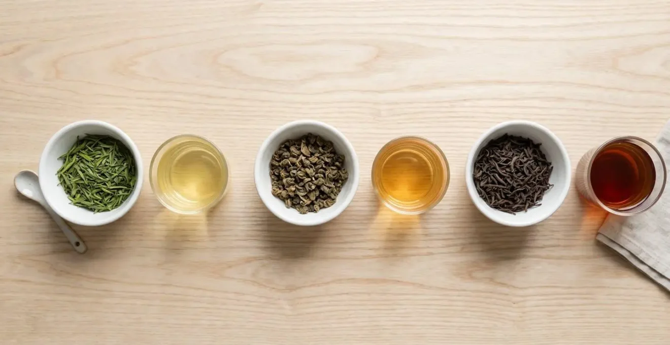 Vue de dessus de trois bols blancs contenant respectivement du thé vert, du thé oolong et du thé noir en feuilles, accompagnés de leurs tasses infusées montrant les différentes couleurs de liqueur