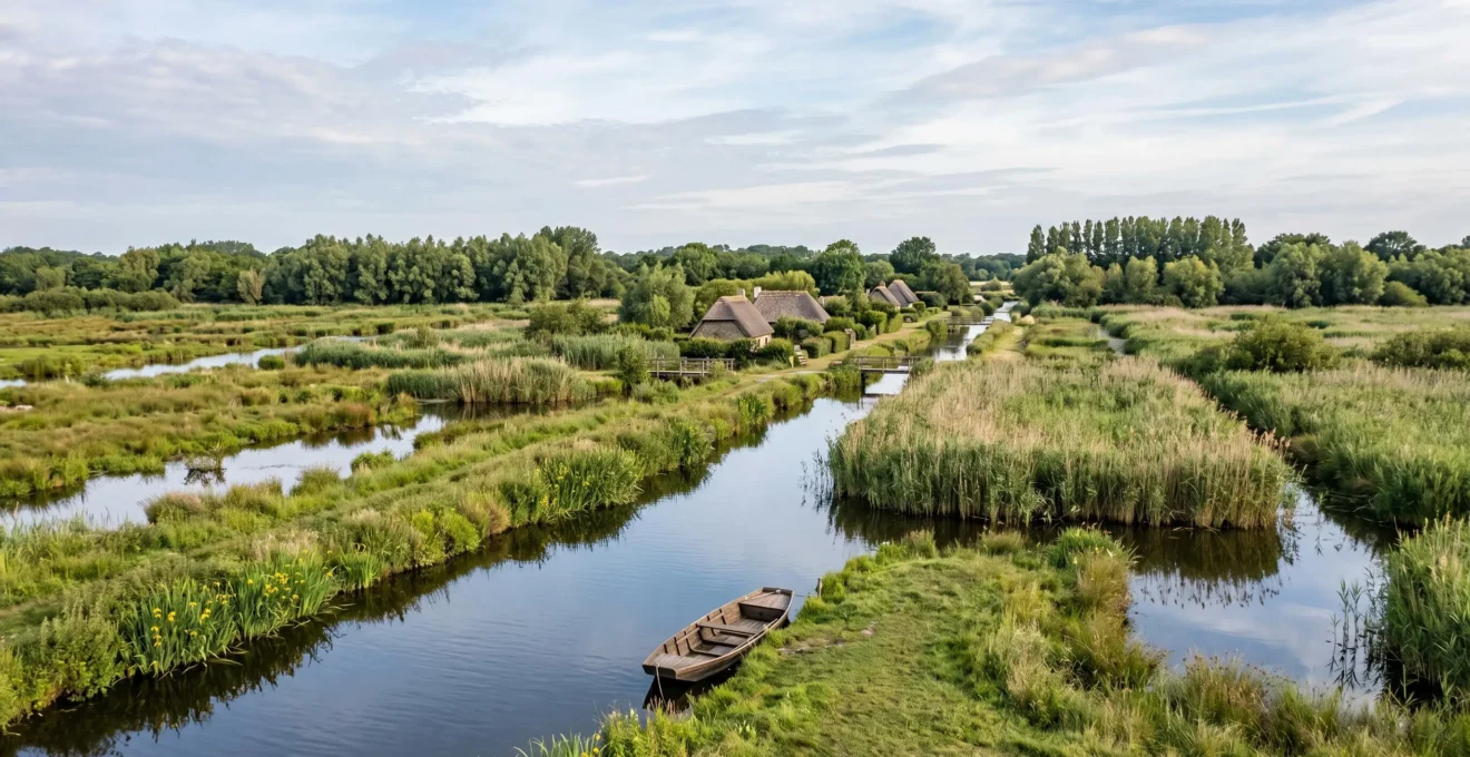 Vue panoramique du parc naturel régional de Brière, accessible à 30 minutes de Nantes, terrain privilégié pour activités team building nature