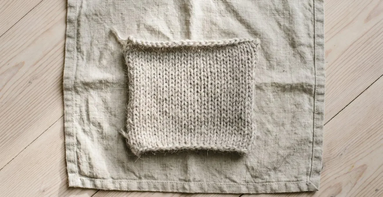 Vue rapprochée en plongée d'un échantillon de tissu tricoté gris clair posé sur serviette blanche étalée sur parquet, éclairé par lumière naturelle de fenêtre