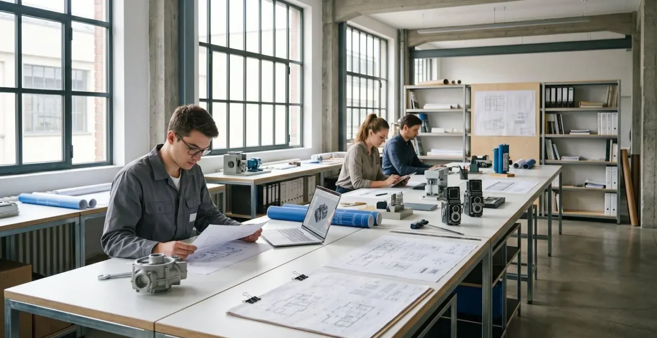 Bureau d'études industriel moderne avec plans techniques et équipements disposés sur des tables de travail, éclairage naturel