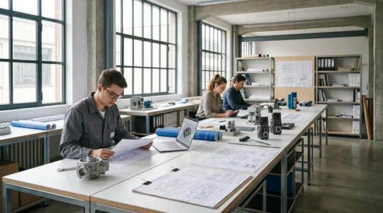 Bureau d'études industriel moderne avec plans techniques et équipements disposés sur des tables de travail, éclairage naturel