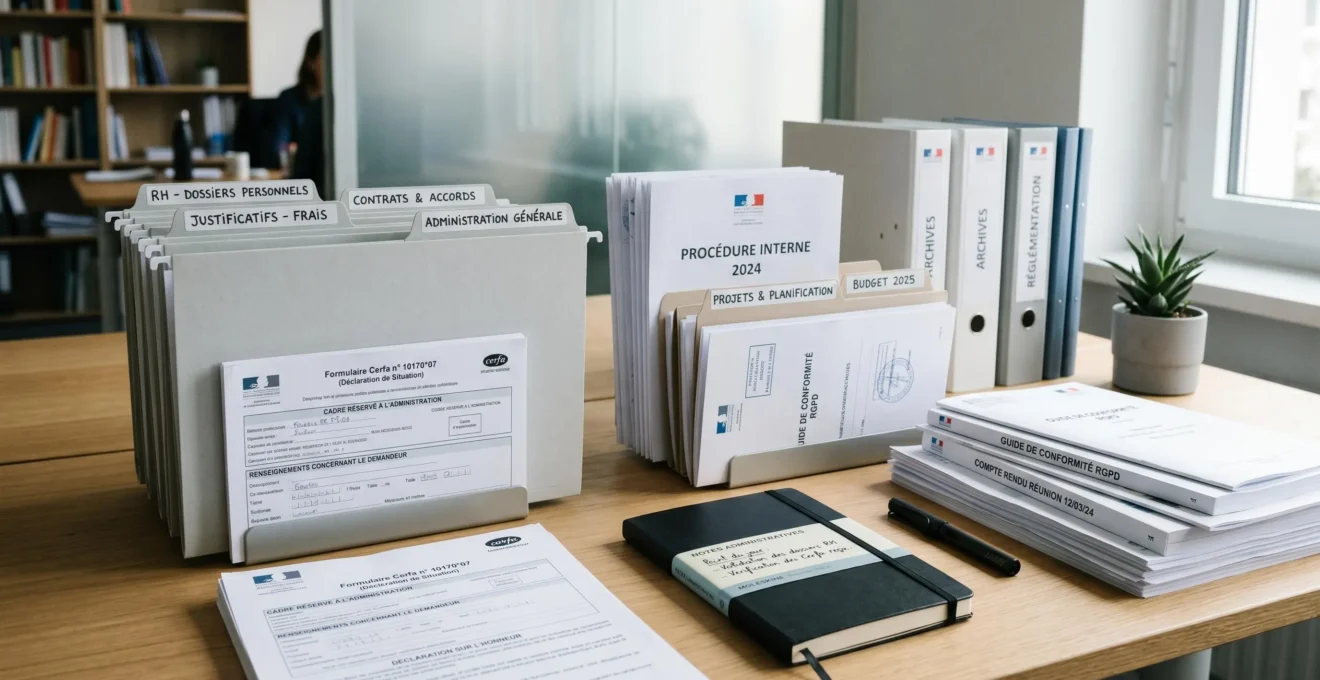 Documents administratifs français organisés méthodiquement sur un bureau avec classeurs étiquetés et formulaires officiels