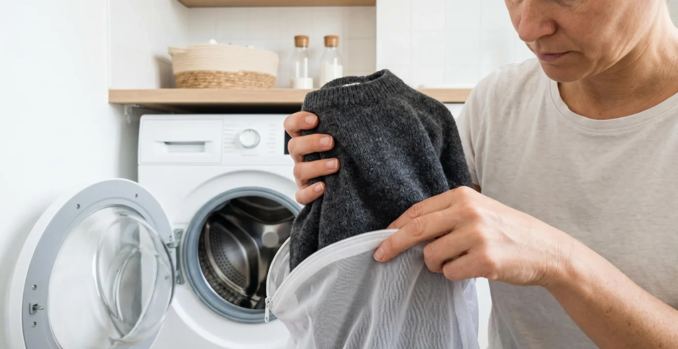 Mains plaçant un short en maille gris dans un filet de lavage blanc devant un lave-linge moderne blanc ouvert en arrière-plan