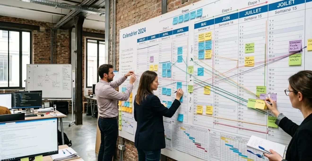 Planning mural de projet avec calendriers français, échéances et jalons temporels reliés par des fils colorés dans un bureau