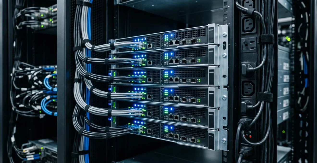 Détail d'une baie serveur haute densité montrant l'organisation des équipements et du câblage dans un datacenter moderne