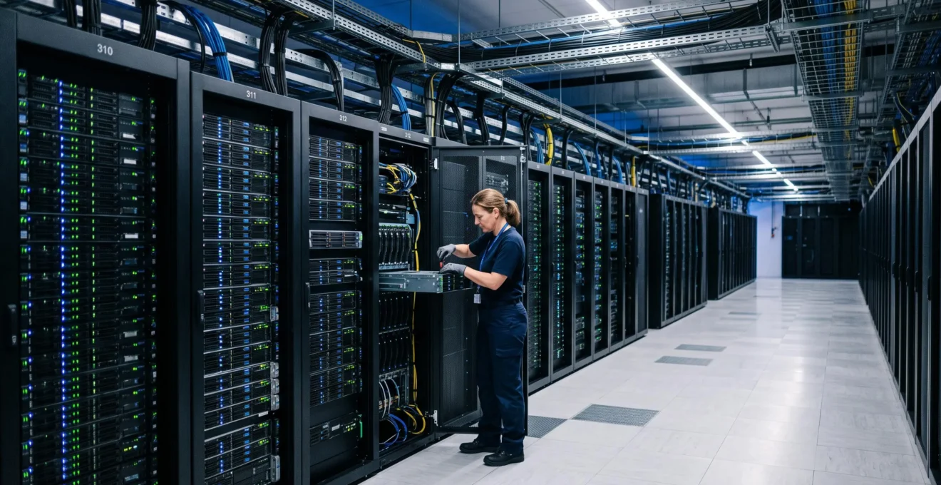 Salle serveurs d'un datacenter moderne au Luxembourg avec rangées de baies techniques et technicien effectuant une intervention de maintenance