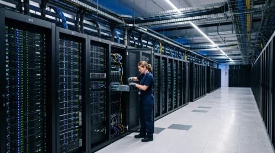 Salle serveurs d'un datacenter moderne au Luxembourg avec rangées de baies techniques et technicien effectuant une intervention de maintenance