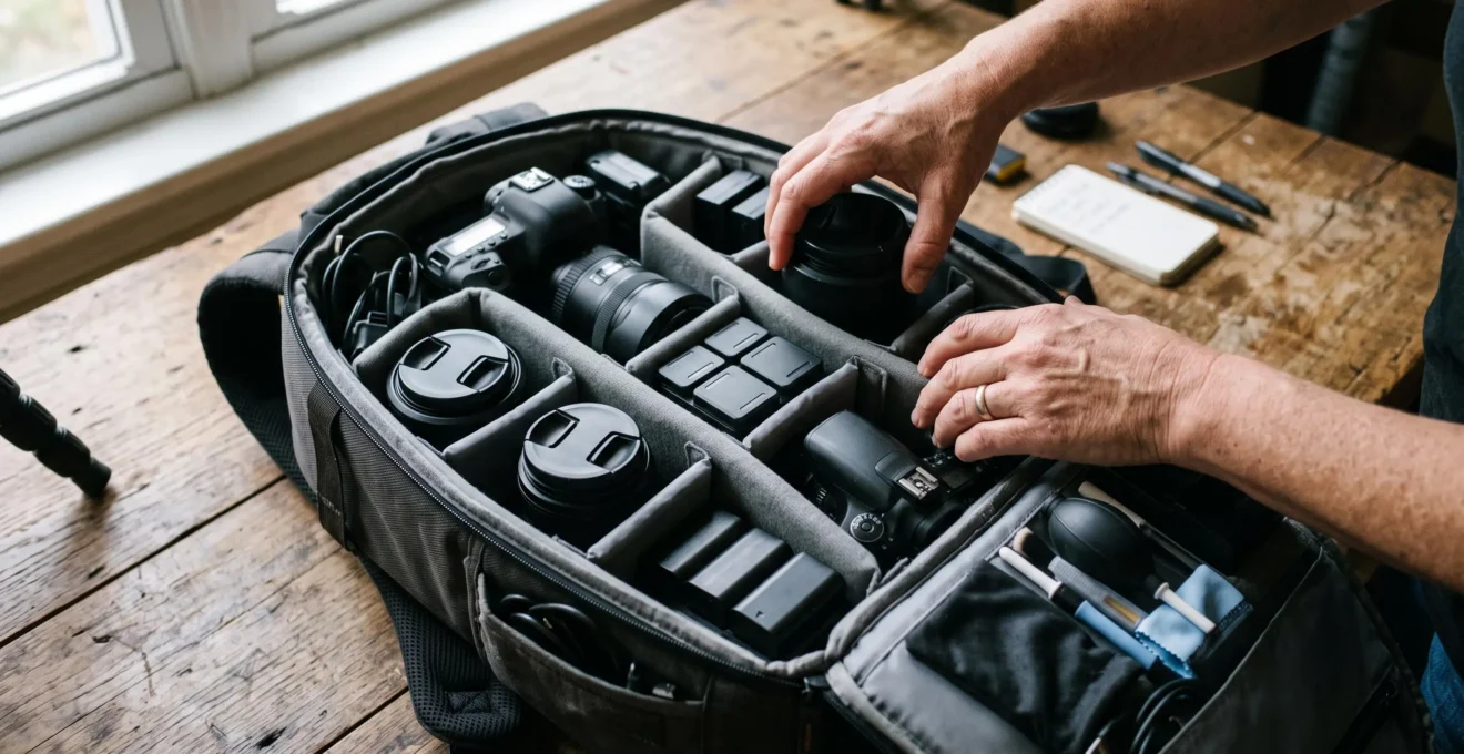 Mains d'un photographe organisant objectifs et accessoires dans les compartiments modulaires rembourrés d'un sac photo professionnel