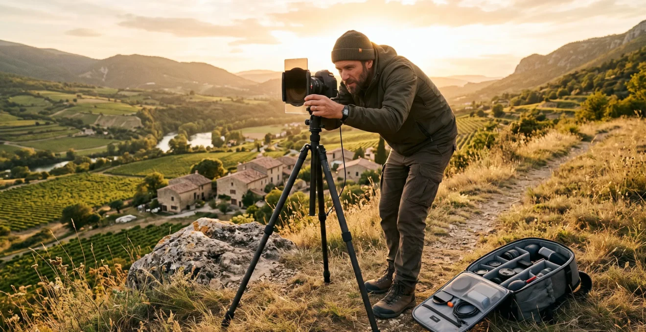 Un photographe professionnel travaillant en extérieur avec son appareil monté sur trépied, son sac photo ouvert contenant des accessoires organisés, ajustant un filtre optique sur son objectif