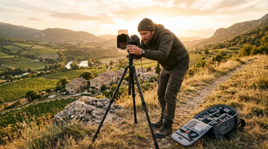 Un photographe professionnel travaillant en extérieur avec son appareil monté sur trépied, son sac photo ouvert contenant des accessoires organisés, ajustant un filtre optique sur son objectif