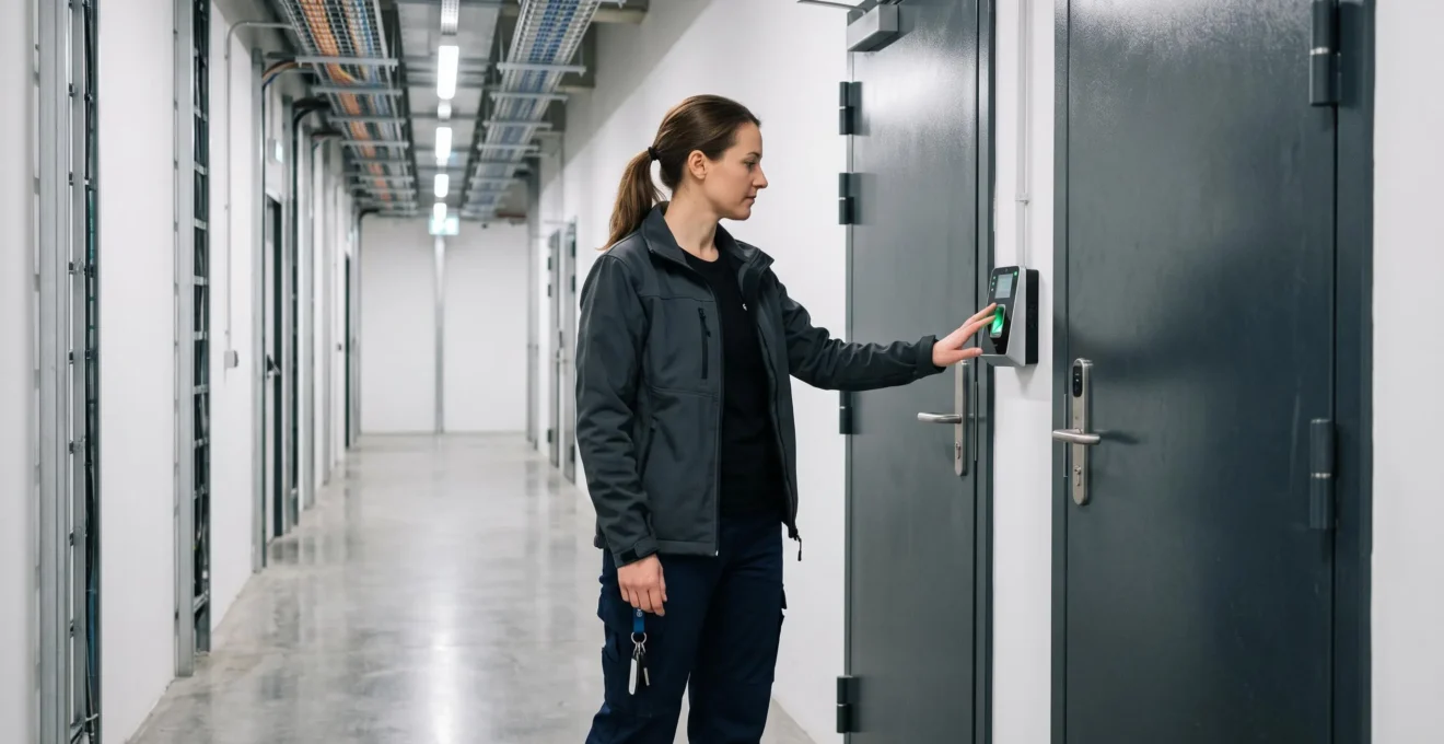 Technicien accédant à une zone sécurisée d'un datacenter via un système de contrôle d'accès biométrique