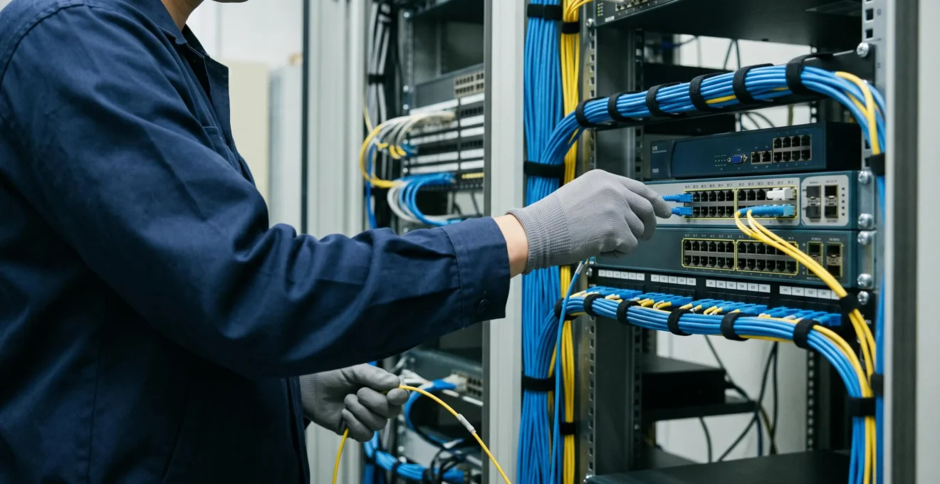 Mains d'un technicien IT connectant des câbles fibre optique dans un switch réseau au sein d'une baie serveur