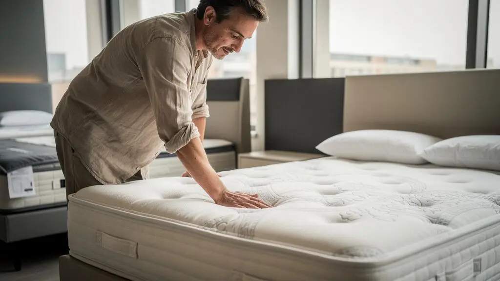 Client testant manuellement la fermeté d'un matelas dans un magasin de literie