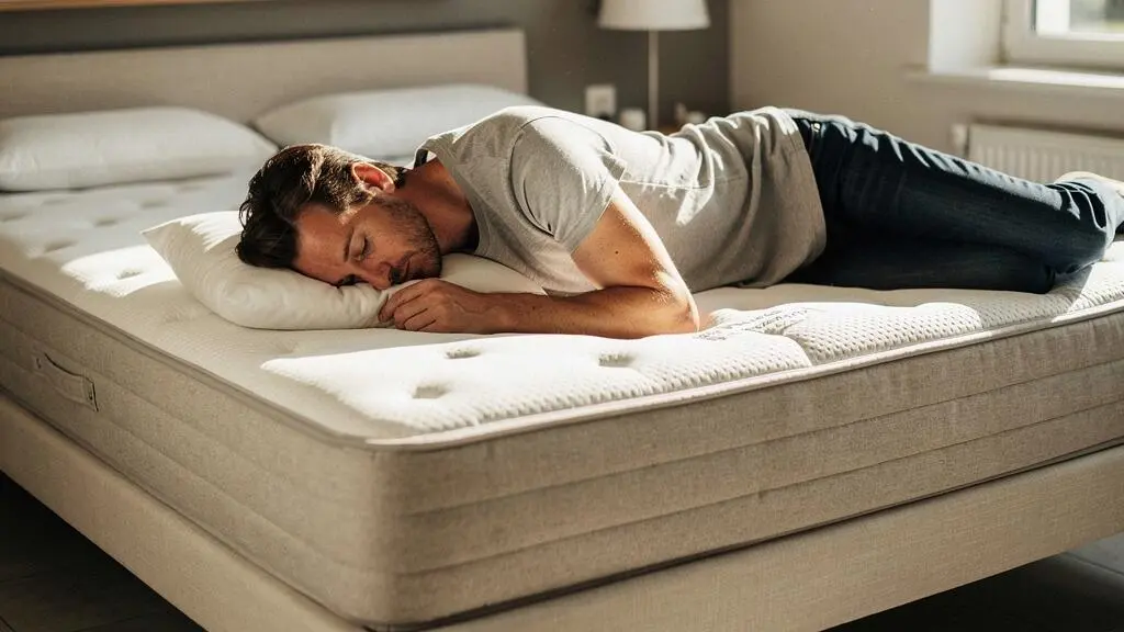 Client testant un matelas en position latérale dans un showroom de literie