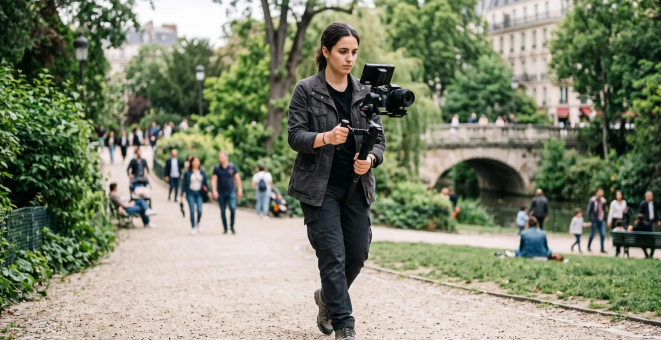 Un vidéaste marchant en filmant avec sa caméra montée sur un stabilisateur gimbal motorisé à trois axes dans un parc urbain