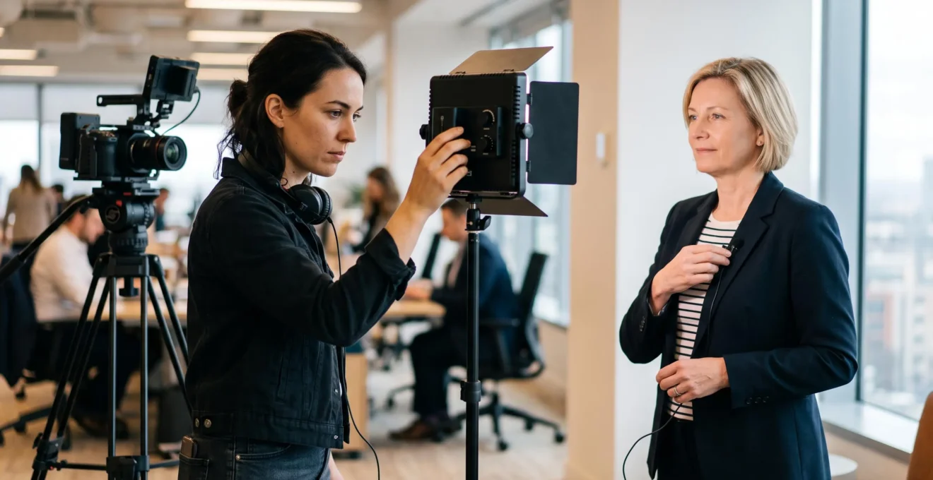 Un vidéaste installant un panneau LED portable et fixant un micro-cravate sur une personne interviewée, avec la caméra sur trépied visible en arrière-plan