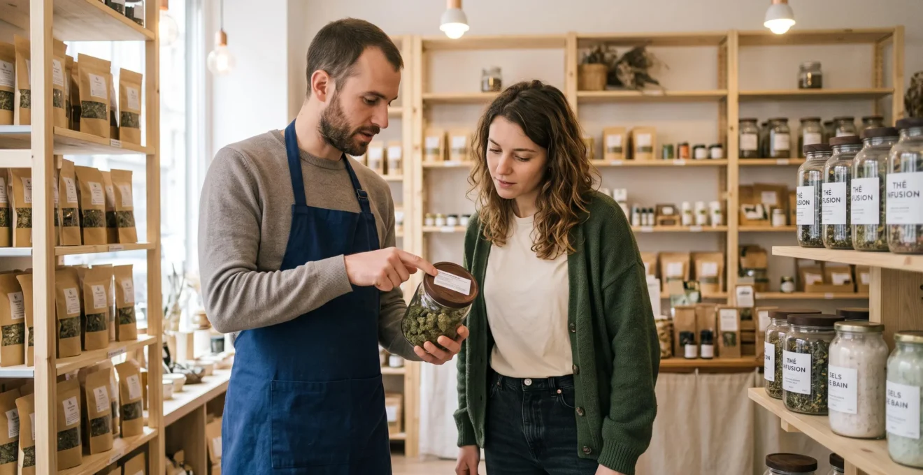 Vendeuse présentant un pot scellé de fleur de CBD avec son étiquette à une cliente dans une boutique française.