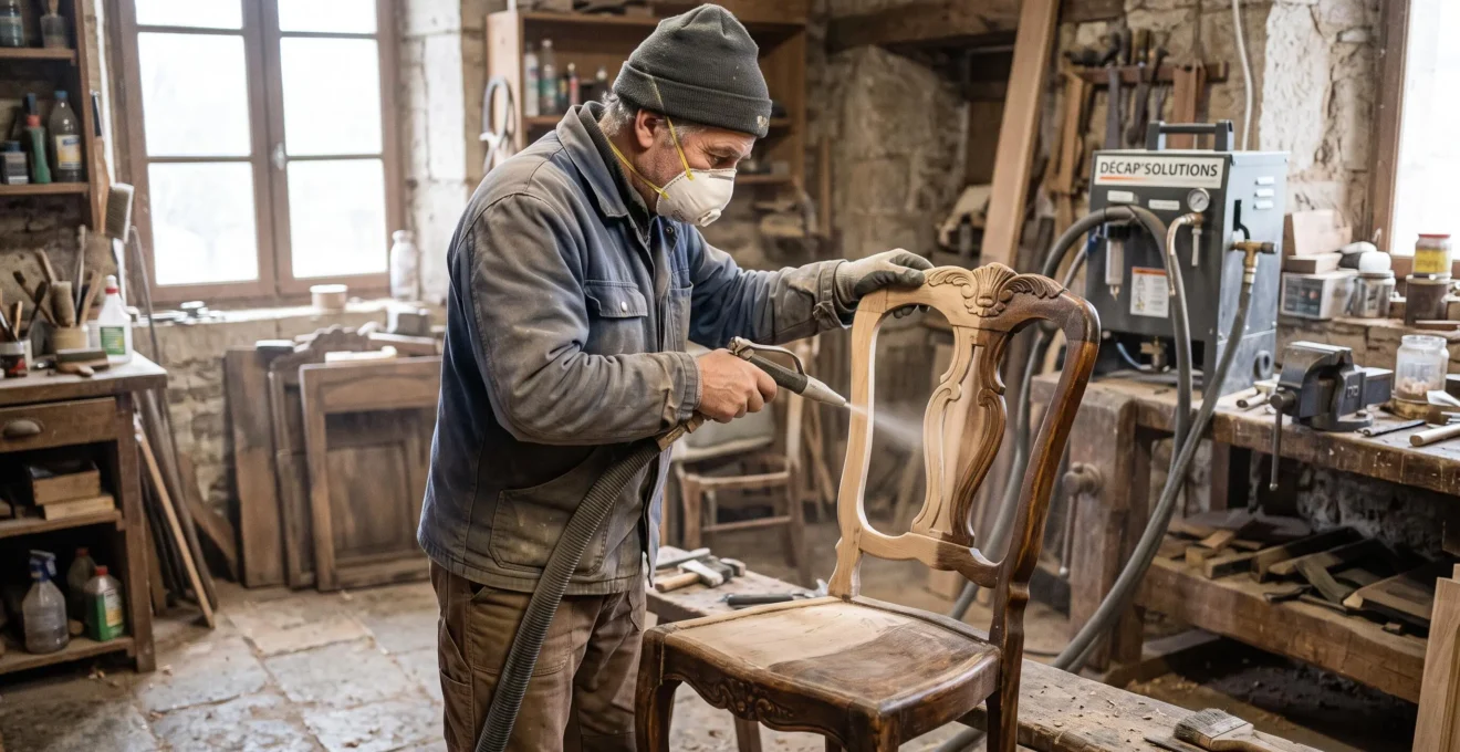 Un artisan décape une chaise ancienne à l'aérogommage dans un atelier de rénovation.