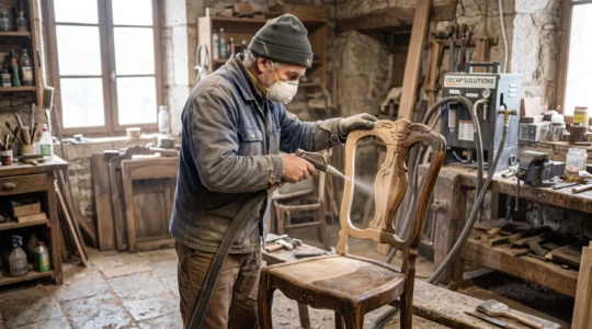 Un artisan décape une chaise ancienne à l'aérogommage dans un atelier de rénovation.