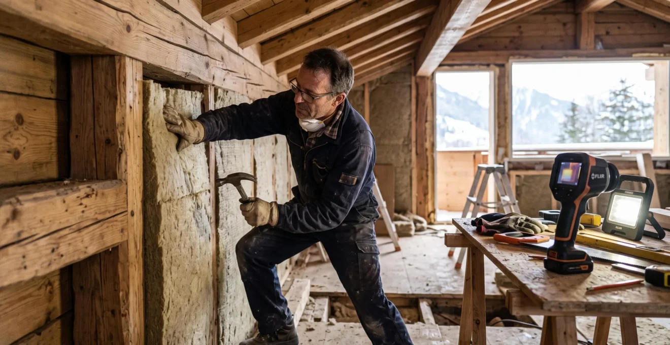 Artisan installant des panneaux d'isolant entre les solives en bois d'un mur de chalet en rénovation.