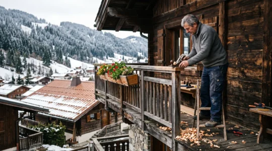 Un artisan restaure le balcon en bois d'un chalet traditionnel aux Gets, avec le village de montagne en arrière-plan.