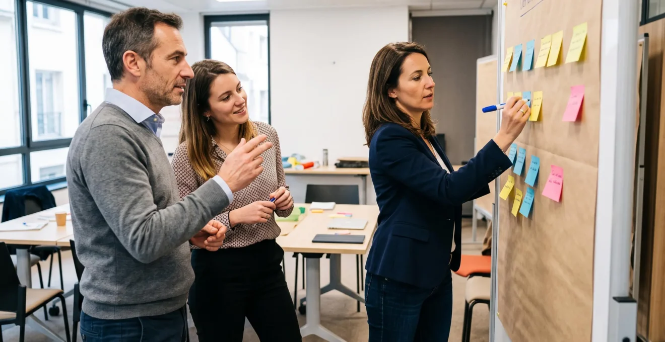 Atelier collaboratif de brainstorming avec professionnels travaillant sur paperboard durant un séminaire