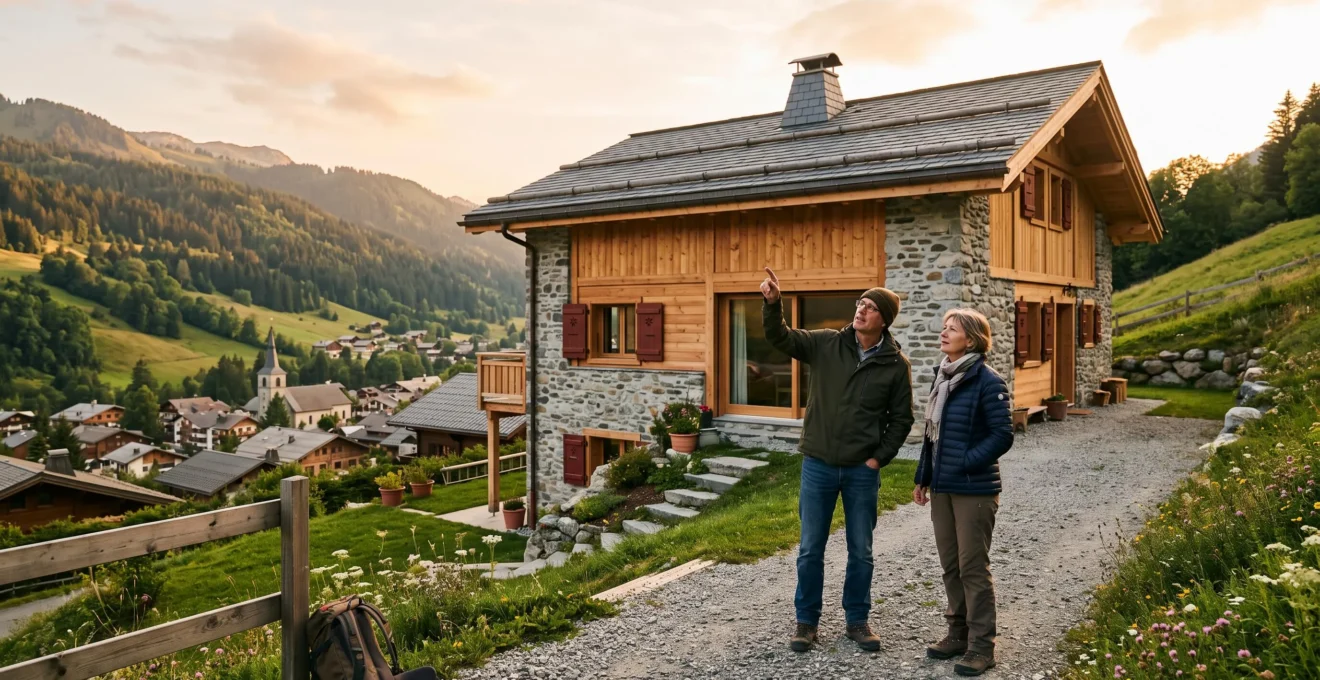 Couple examinant la façade rénovée d'un chalet traditionnel en bois et pierre aux Gets, en fin de journée.