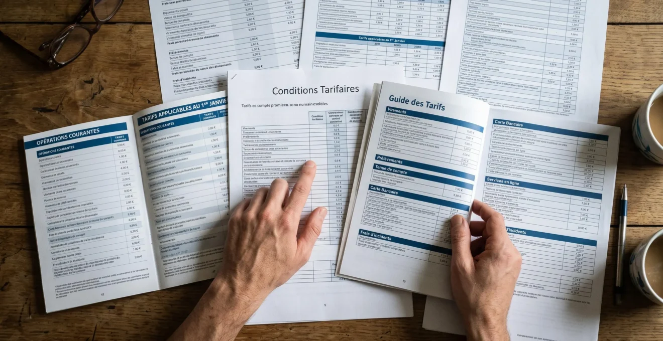 Vue de dessus de plusieurs brochures tarifaires bancaires étalées sur une table avec des mains en train de les comparer.