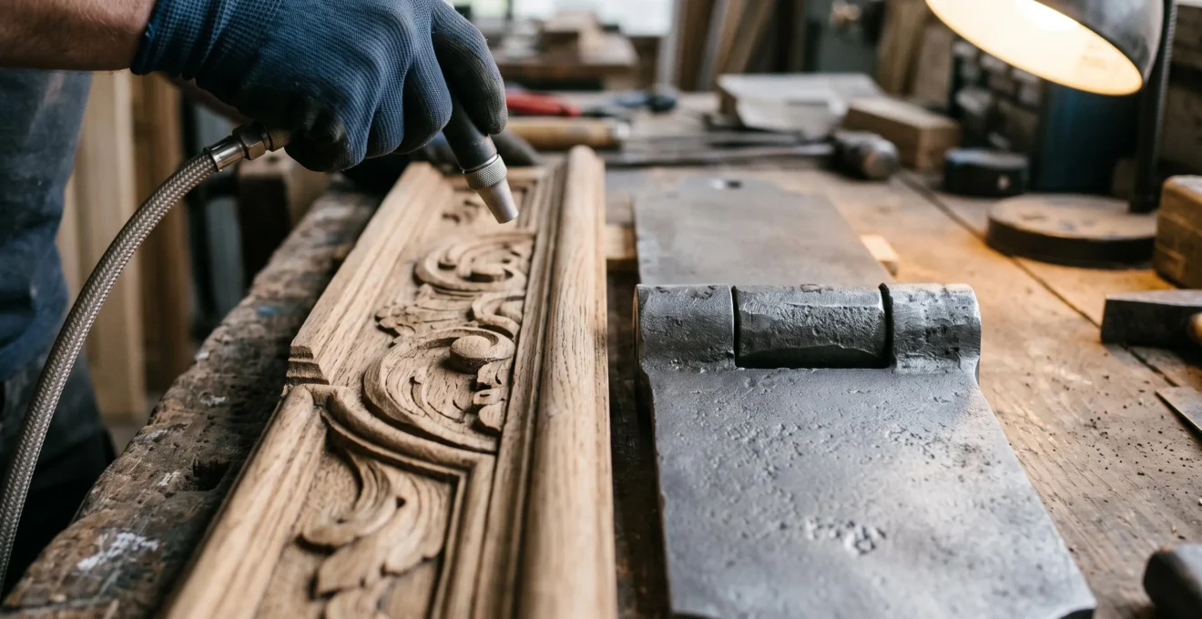 Comparaison rapprochée entre une moulure en bois décapée en douceur et une pièce métallique rouillée traitée par sablage.